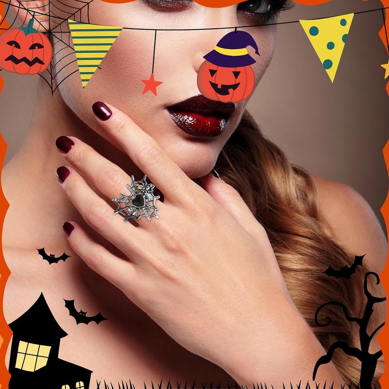 ANGLEQUEEN Punk Halloween Spider Rings for Women Knuckle Black Spider Web Bat Ring Gothic Vintage Dark Crystal Ring Red Rhinestone Statement Rings Halloween Witch Jewelry - Image 1